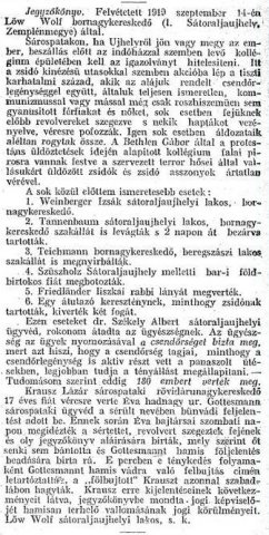 Részlet a :„A dunántúli zsidóüldözések aktáiból.” c. cikkből (Forrás: Egyenlőség, 1919. 09. 25., 3. o.)
